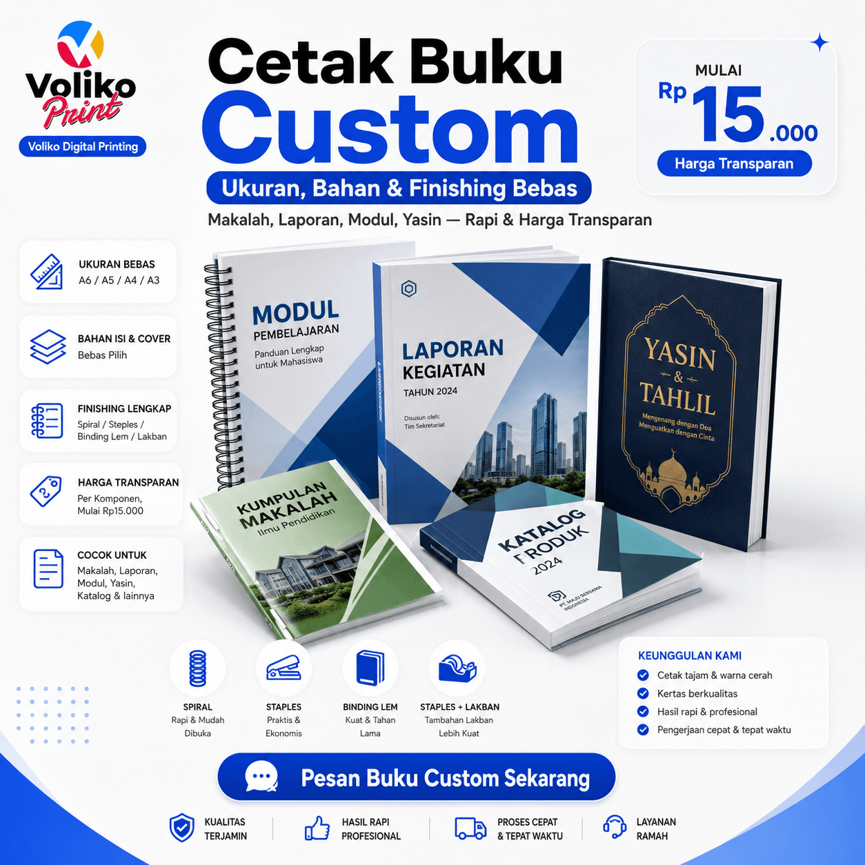 Buku Custom — Cetak + Jilid (Bebas Ukuran/Bahan/Finishing)