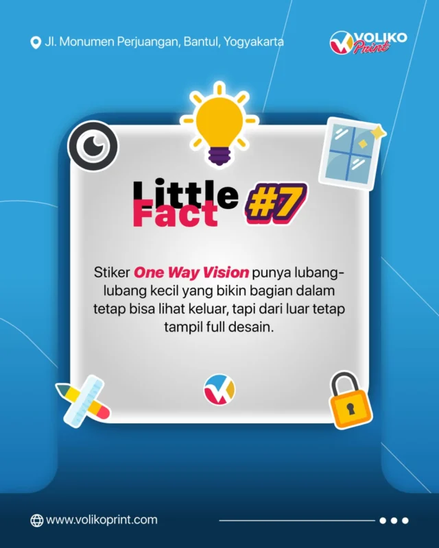 Kamu pernah lihat etalase toko atau kaca mobil yang full desain tapi dari dalam masih bisa lihat keluar?Nah, itu rahasianya ada di stiker One Way Vision.Karena brandingmu harus berjalan sempurna, percayakan seluruh kebutuhan cetaknya di Voliko untuk dapatkan hasil dengan kualitas terbaik ✨Voliko Imogiri & Voliko Sewon
0813-3376-8055 | 0851-8682-3455
www.volikoprint.comHubungi kami sekarang!#sablondtf #sablon #banner #cetakbannerkilat #cetaksticker #sticker #digitalprinting #digitalprintingjogja #digitalprintingmurah #akrilik #kaossatuan #kaosdtf #kalender #cetakkalender #24jam #fyp #fypage #voliko