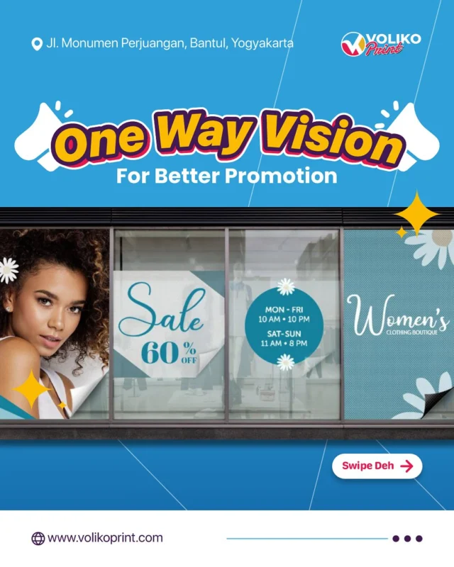 Cukup satu stiker untuk tingkatkan branding bisnismu.Mau tampil beda dengan privasi yang terjaga, stiker One Way Vision bisa jadi solusinya.
📌 Tahan di segala cuaca dengan bahan plastik anti sobek
📌 Pilihan cetak indoor / outdoorKarena brandingmu harus berjalan sempurna, percayakan seluruh kebutuhan cetaknya di Voliko untuk dapatkan hasil dengan kualitas terbaik ✨Voliko Imogiri & Voliko Sewon
0813-3376-8055 | 0851-8682-3455
www.volikoprint.comHubungi kami sekarang!#sablondtf #sablon #banner #cetakbannerkilat #cetaksticker #sticker #digitalprinting #digitalprintingjogja #digitalprintingmurah #akrilik #kaossatuan #kaosdtf #kalender #cetakkalender #24jam #fyp #fypage #voliko